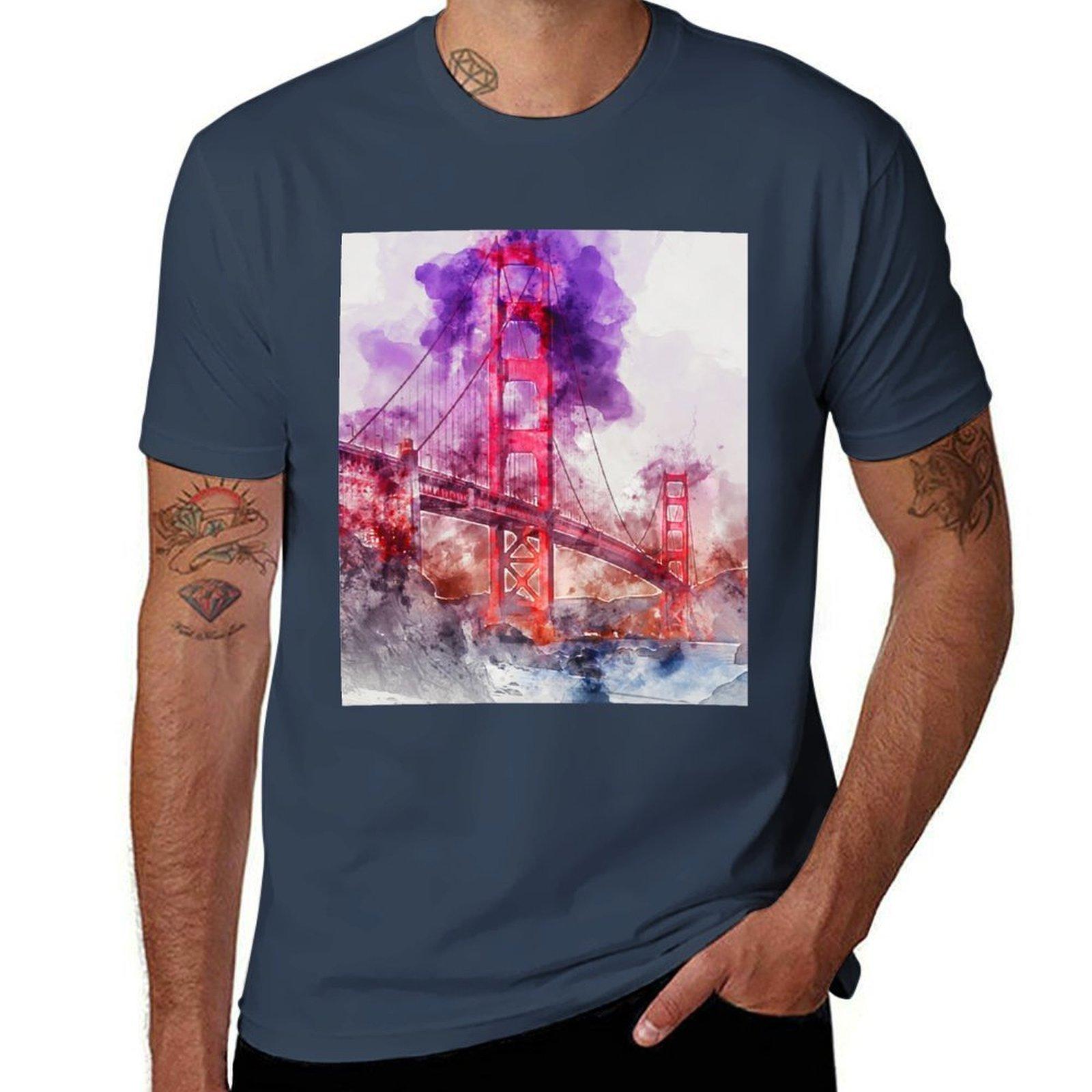 Golden Gate Bridge Watercolor TShirt Large Size Loose Casual Tee S
