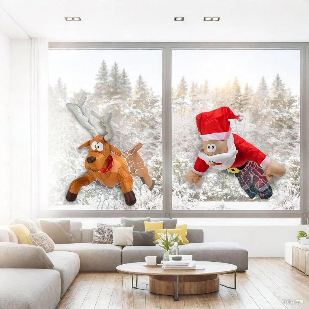 Christmas Crashing Animated Decoration Smashing Santa Reindeer Decoration Sound Activation Decor with Broken Glass Sticker and