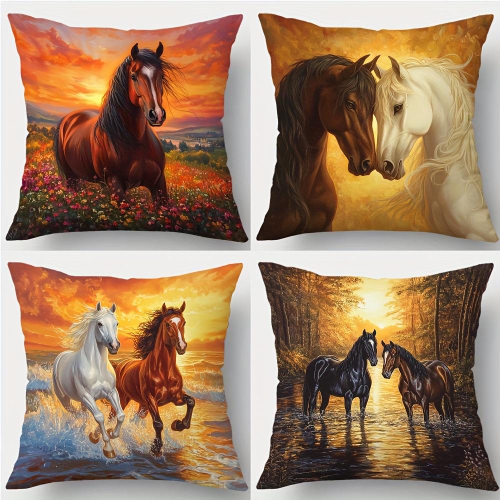 4-Delige Set Bedrukte Kussenslopen met Dieren – Paarden in Bloemenvelden, Stromen, Bossen & Zonsondergang Landschappen 45x45cm