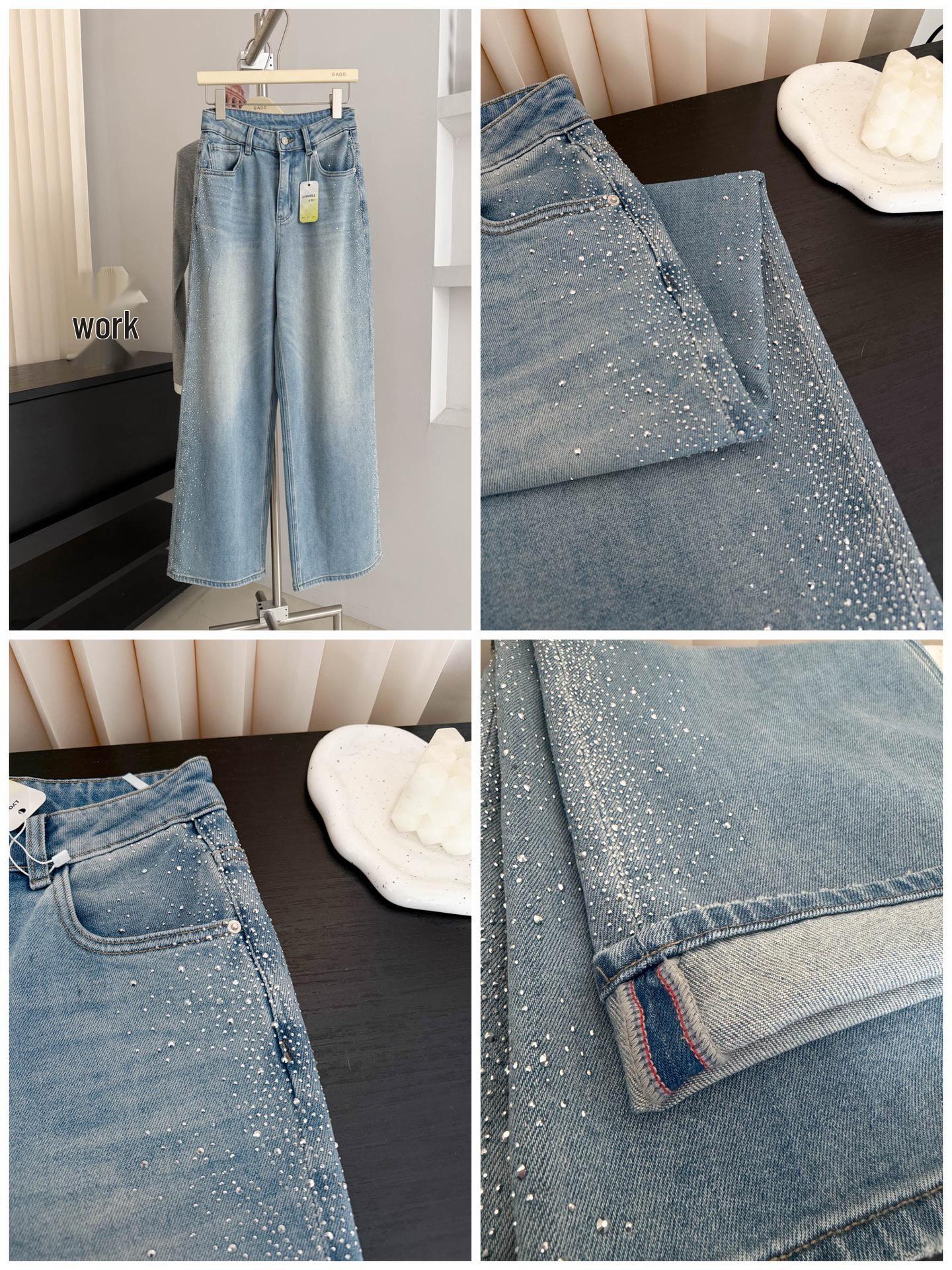 GAGD Lyocell Skin-Friendly Rhinestone Straight Leg Women s High Waist Wide Leg Jeans 30 синий