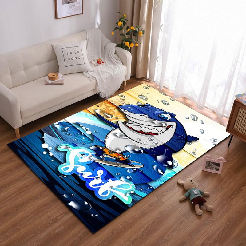 Blue Cartoon Shark Surfing Theme Carpet with Ocean Wave Design Suitable for use as an anti-slip for living room bedroom sofas