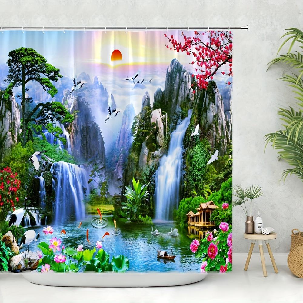 1pc Mountain And Water Scenery Shower Curtain, Sunrise Beautiful Rivers And Mountains Waterfalls Lakes Pine Trees Pattern