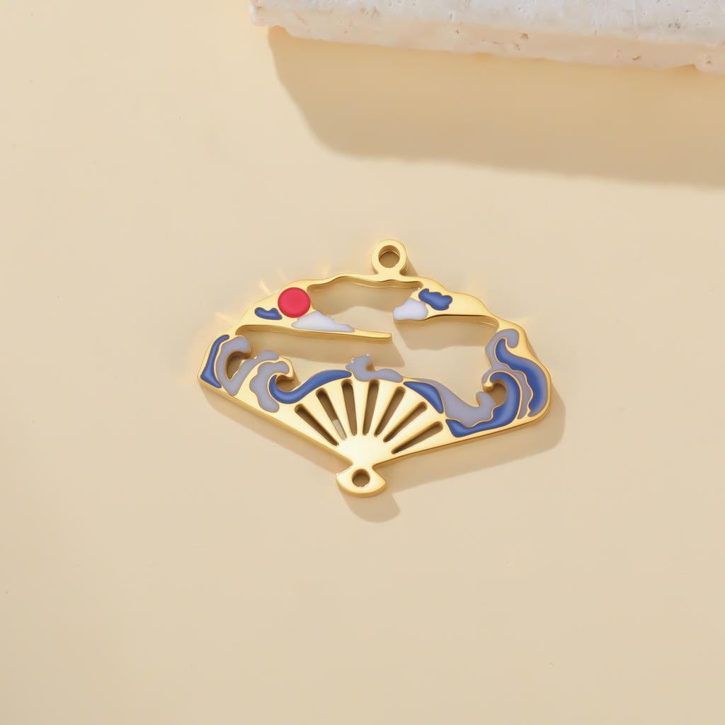 Teamer 5pcs/Lot Hollow Enamel Folding Fan Charms Stainless Steel Oriental Artistic Conception Pendant For Jewelry Making Hotsale