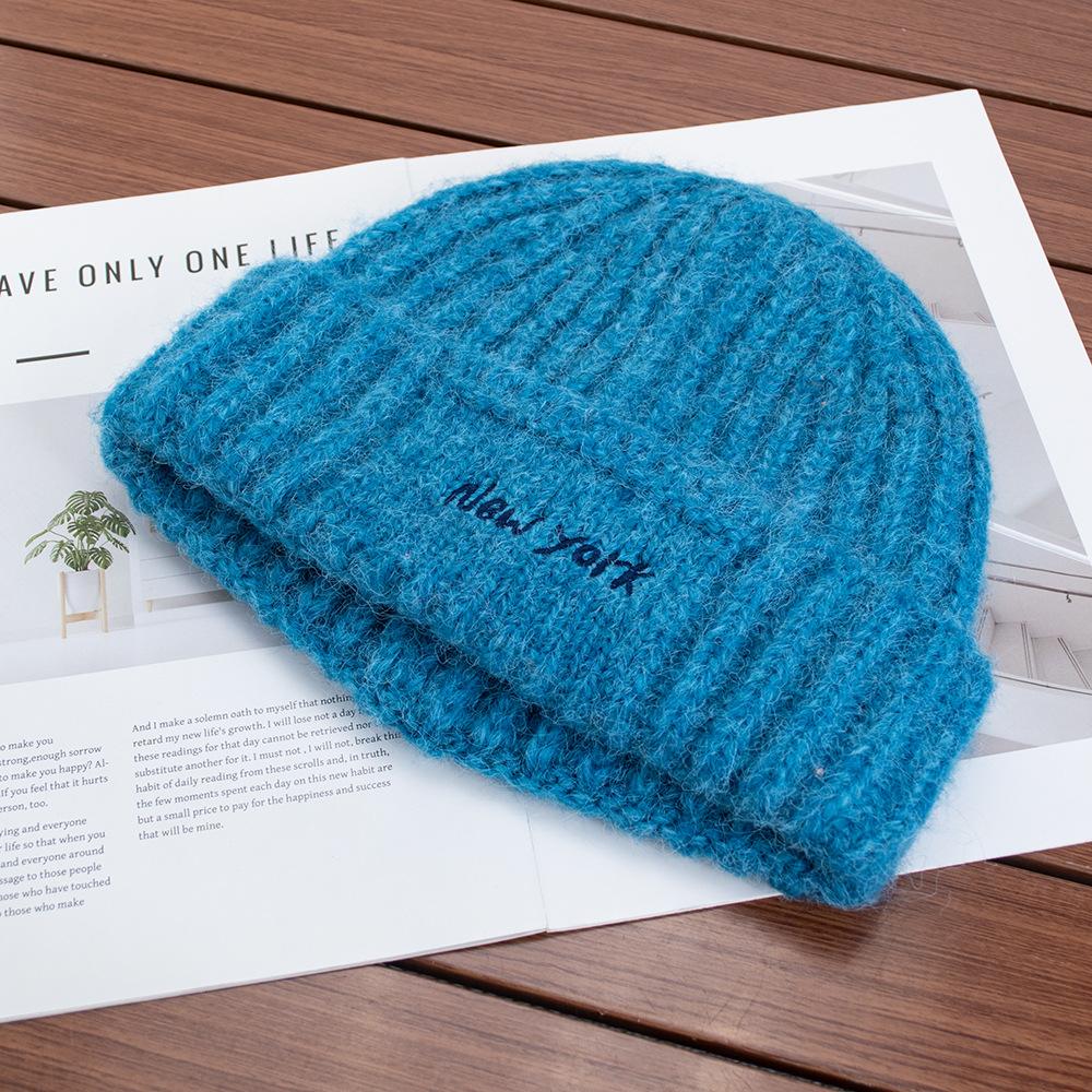 Simple letter blue knitted wool hat women's winter new warm ear protection hat bag head cold hat
