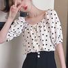 Moda Donna Top a Maniche Corte Sbuffo Pois Scollo Quadrato Camicie da Donna