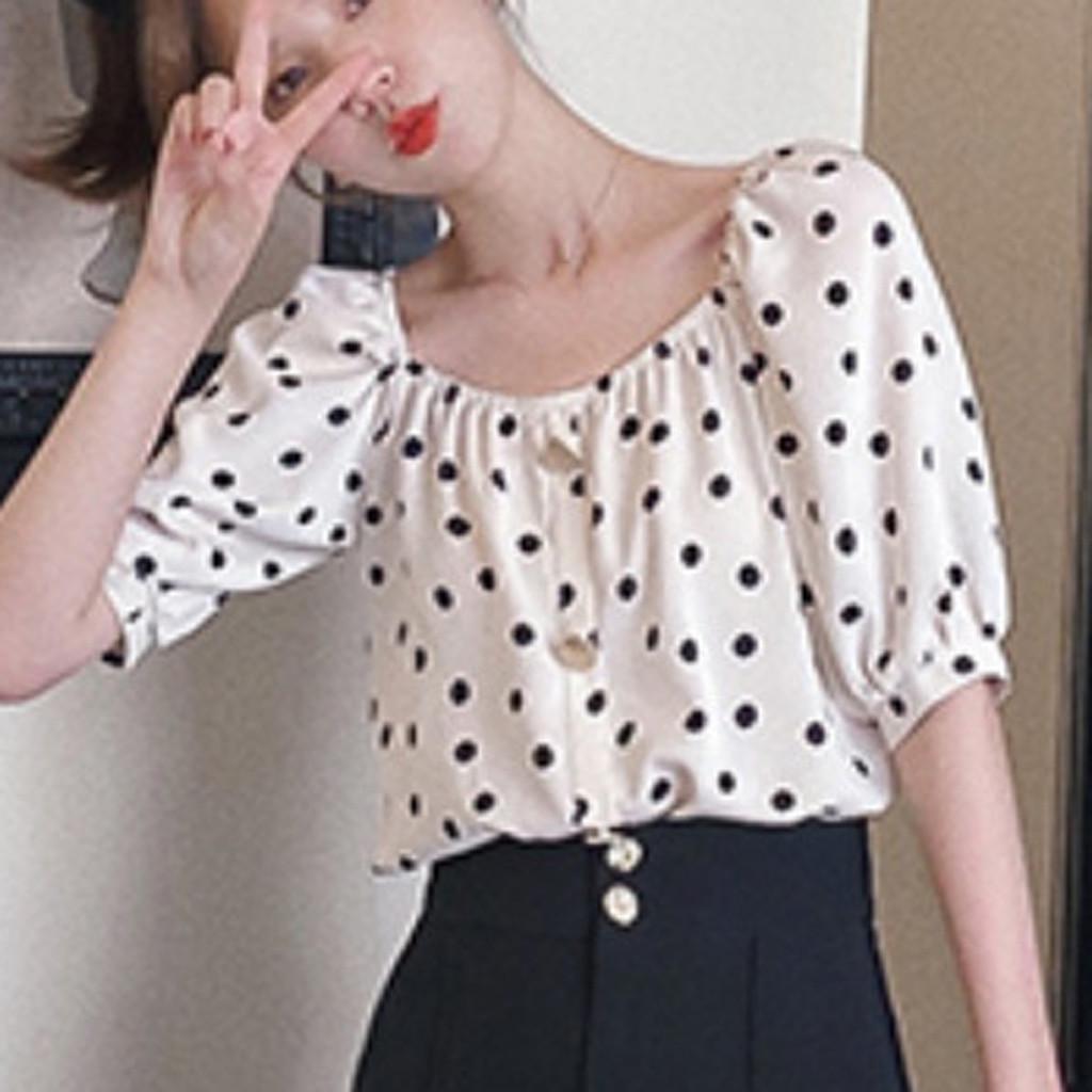Moda Donna Top a Maniche Corte Sbuffo Pois Scollo Quadrato Camicie da Donna