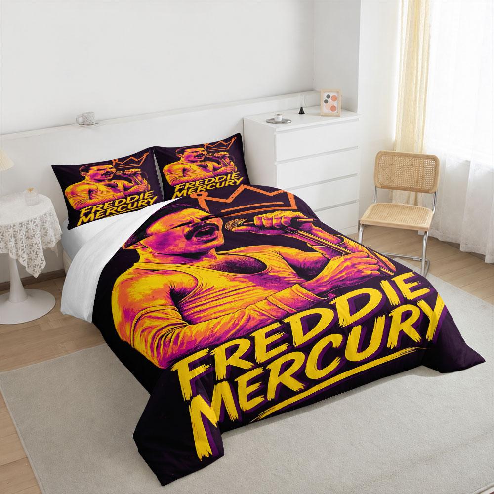 Freddie Mercury Neon Yellow Pink Bedding Set, Queen Crown Singer Duvet Cover Set