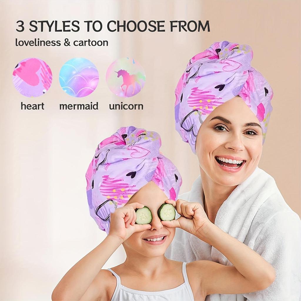 1pc Children's Printed Microfiber Dry Towel, Quick Drying Soft Towel with Button Tie, Wet Hair Wrap Salon Towel Set for Girls
