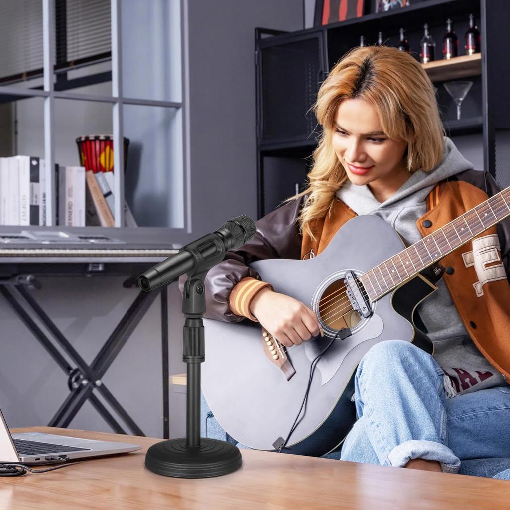 KALLORY Microphone Stand Desktop Round Base Adjustable Height 26-36cm Microphone Clip Included Lightweight Space-Saving Black