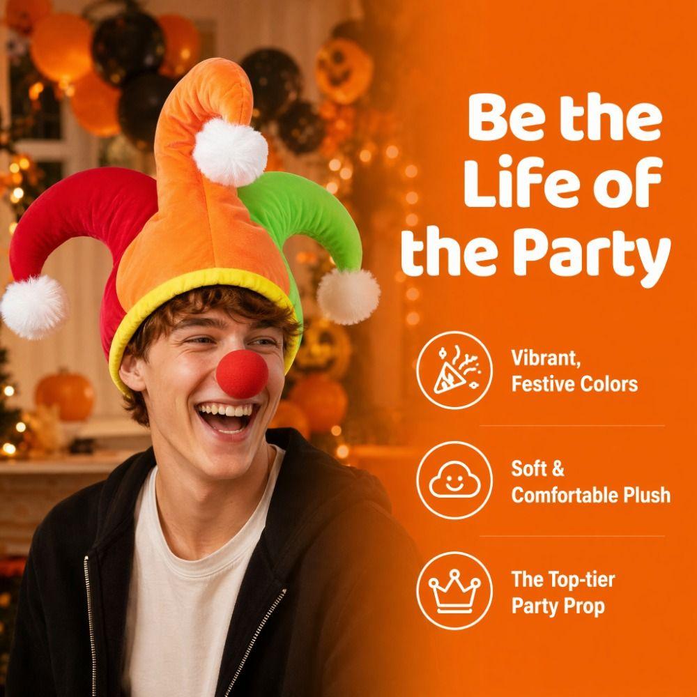 Triple Point Clown Hat with White Pom Poms Joker Hat Halloween Party Hat Adult Funny