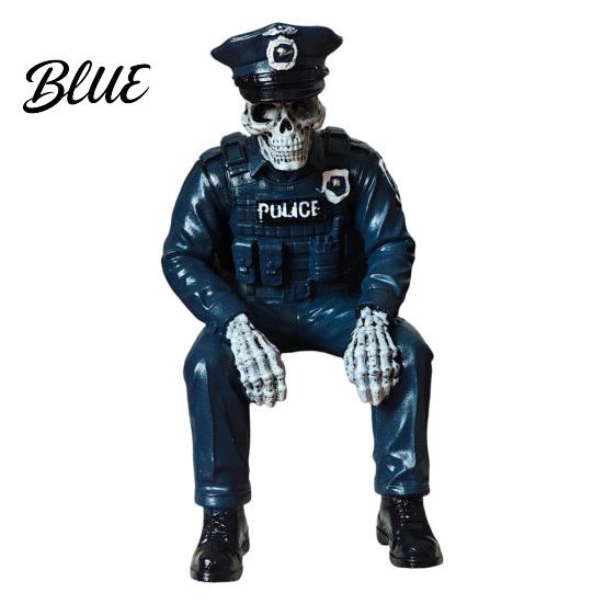 Dark Aesthetic Room Accents Halloween Skeleton Ornament, Policeman/Military Resin Gothic Skull Figurine, Collection Pieces Style Sitting Pose