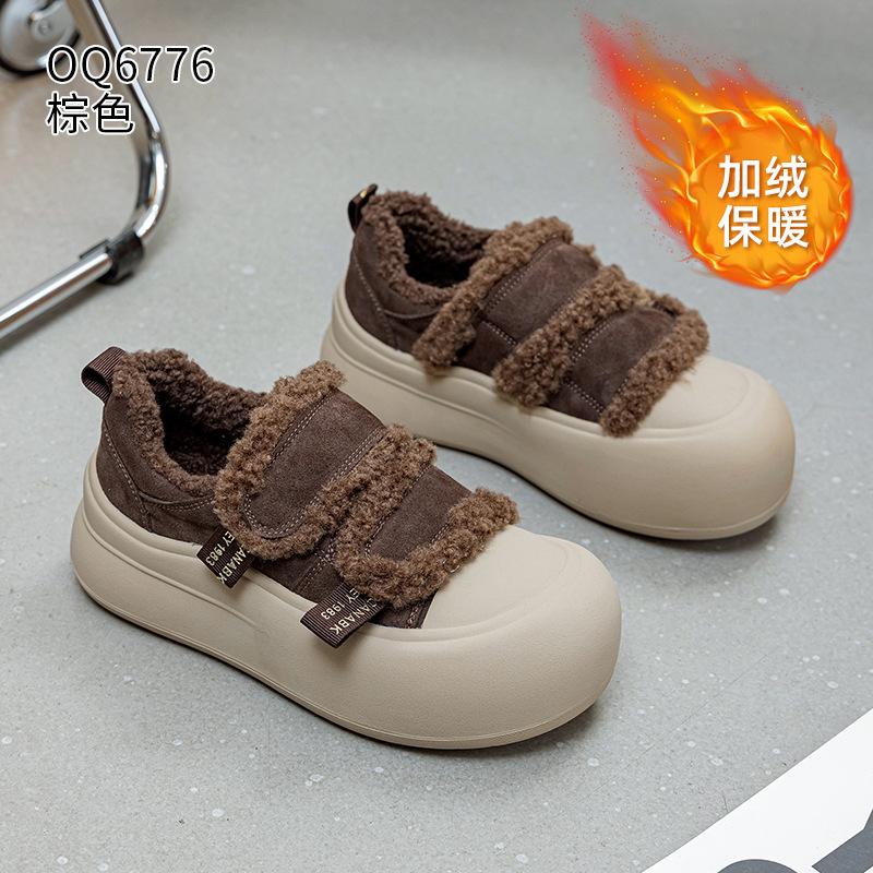 Fleece warm casual shoes autumn and winter new wear leather thick-soled Velcro large cotton board shoes
