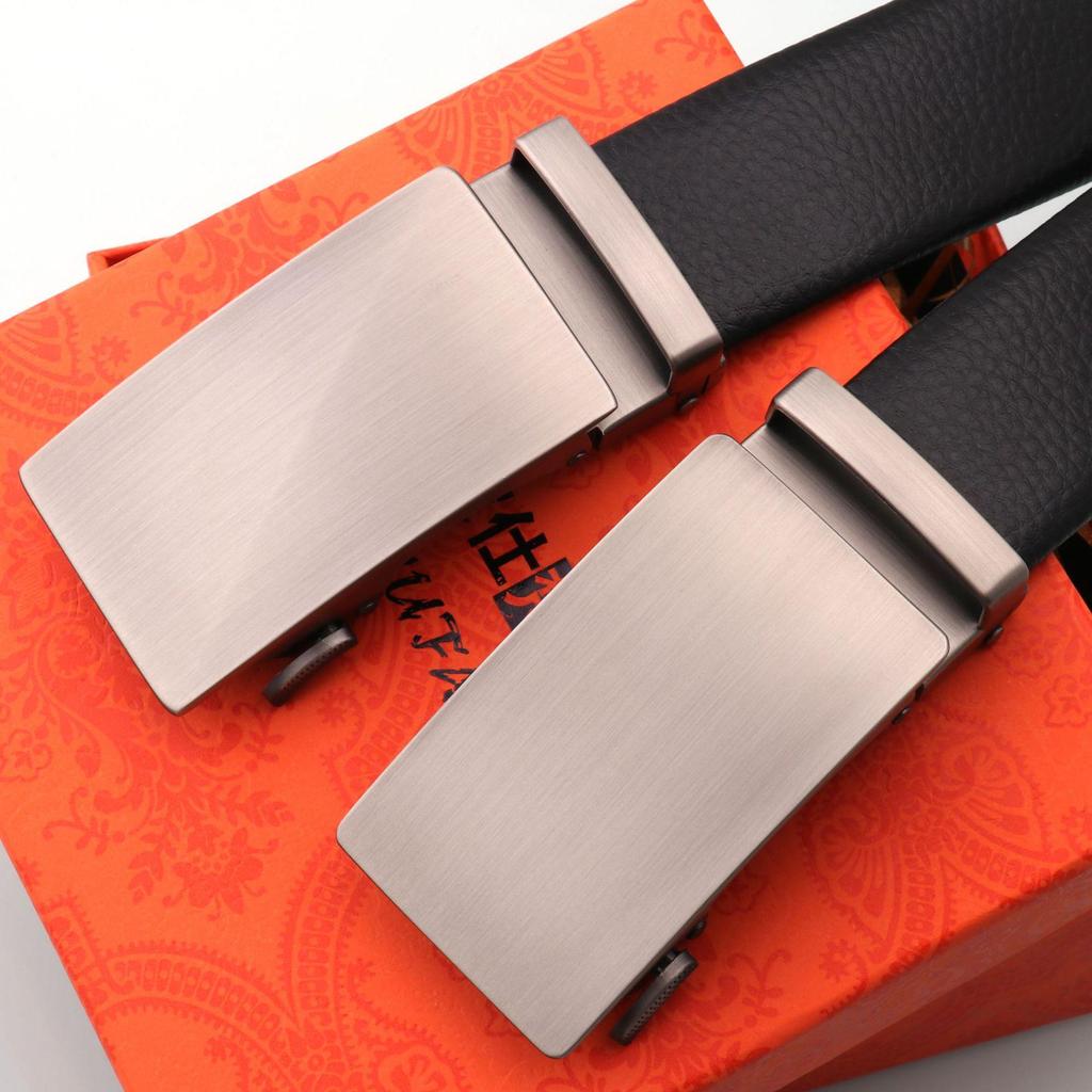 Men's Genuine Leather Belt with Brushed Automatic Buckle and Customizable Laser Logo for Formal Wear