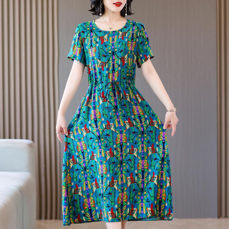 Elegant Dresses for Women  New Casual Vintage Print Long Dress Summer Short Sleeve Korean Style Female Clothing
