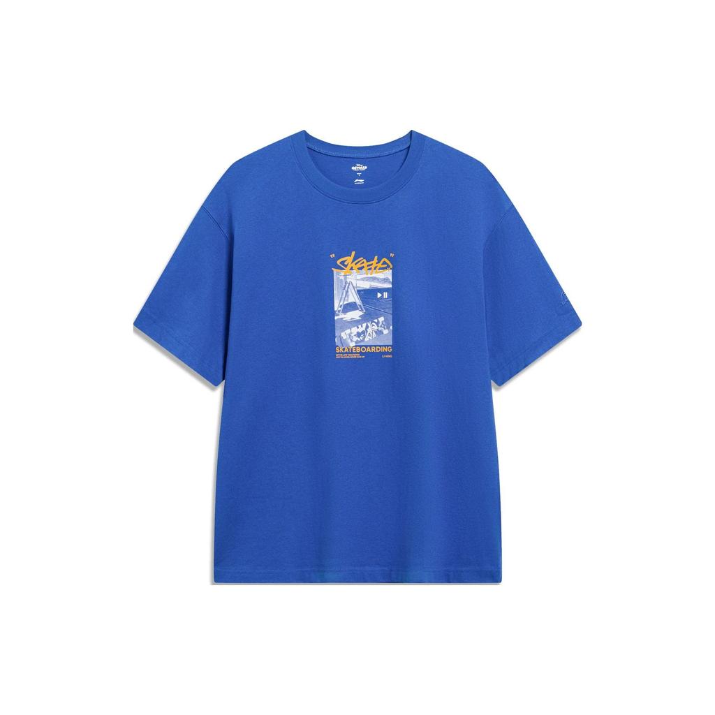 Li-Ning X Disney Oswald Series Cartoon Letter Print Round Neck Pullover Short Sleeve T-Shirt Unisex Tops Bright-Blue AHST309-4