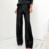 Women Pants Mid-rise Solid Color Sparkling Sequins Casual Trousers Wide Leg Stage Dance Pants