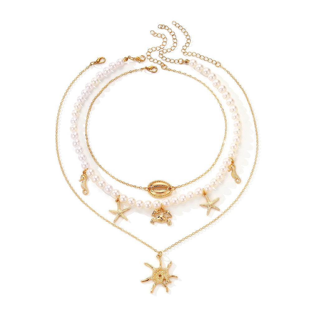 European and American Marine Element Alloy Summer Beach Shell Necklace, Personalized High-end Starfish Multi-layer Collarbone Chain