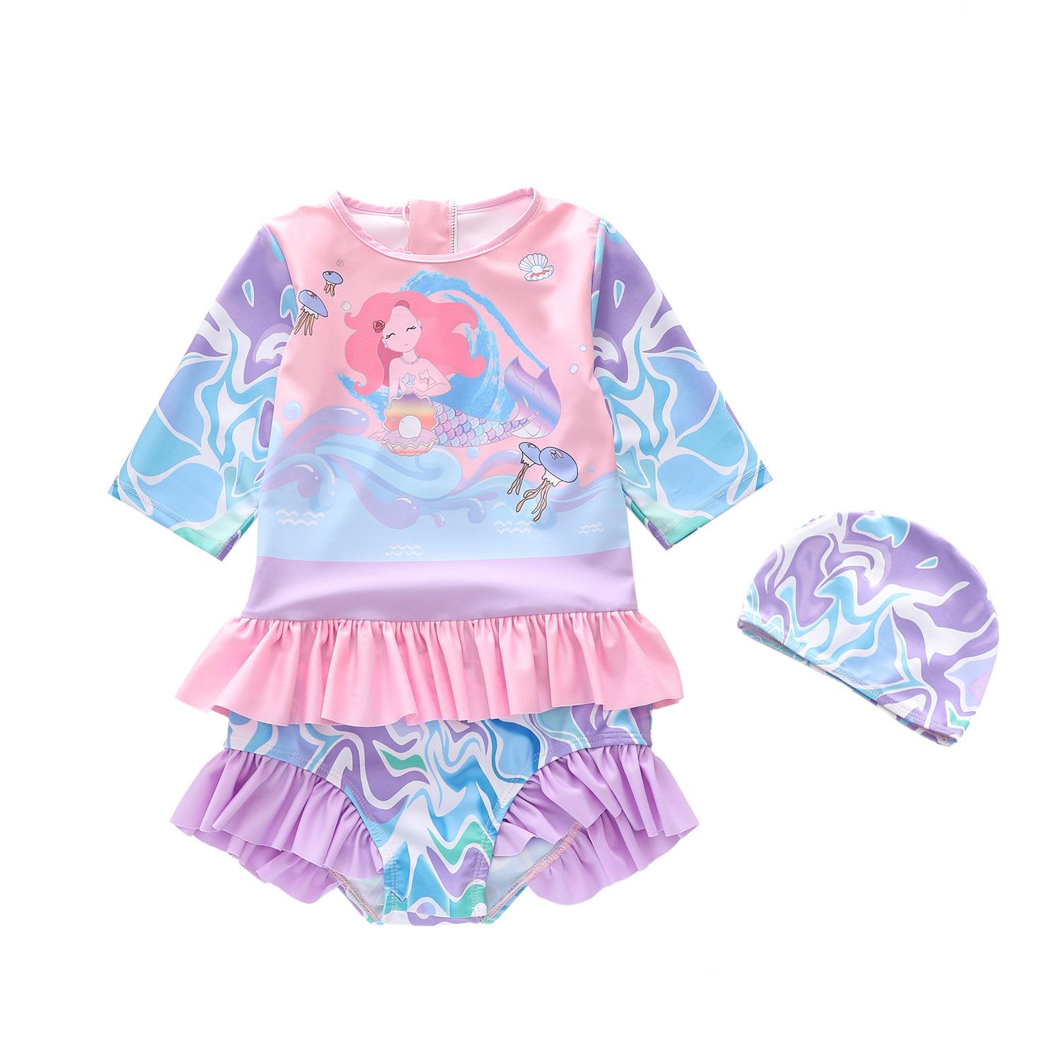 Mermaid Ruffle Sun Protection One-Piece Swimsuit for Girls - Available in S, M, L 2XL (110-120cm, 39-47kg)