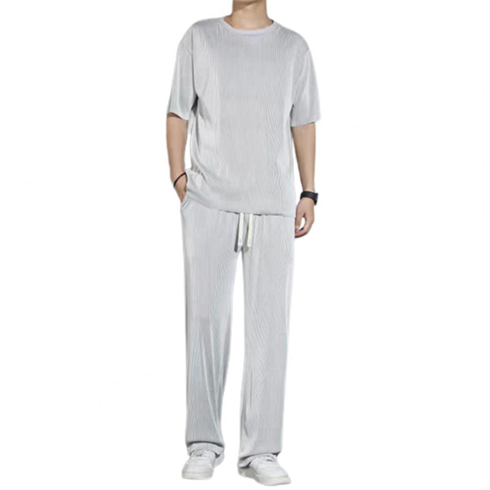 2Pcs/Kit Men Summer Leisure Outfit O-neck Short Sleeve T-shirt Elastic Drawstring Waist Wide Leg Long Pants Kit One Tone Casua
