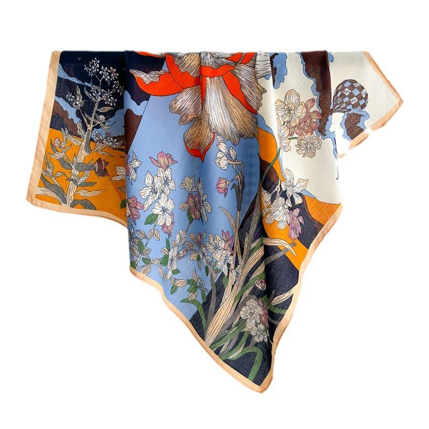 French Pastoral Garden Neck Scarf 65 × 65Cm Thin Plant Flower Cotton And Linen Scarf Velvet Scarf Women