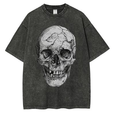 Βαρύ Βάρος Καθαρό Βαμβάκι Πλυμένο T-Shirt Μεγάλη Νεκροκεφαλή Τυπωμένα Γραφικά T-Shirts Χαμηλοί Ώμοι Vintage Oversized T-Shirt