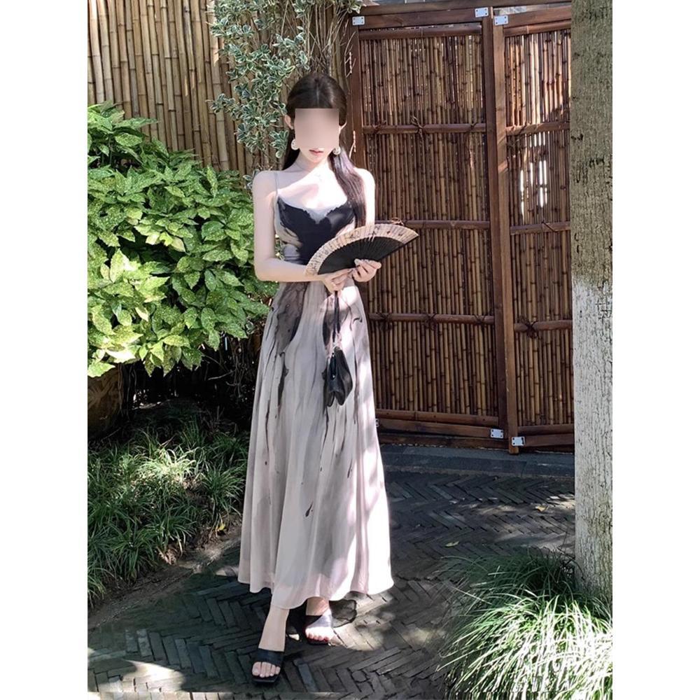 New Chinese ink printing suspender dress women's summer new foreign style beautiful French temperament long skirt
