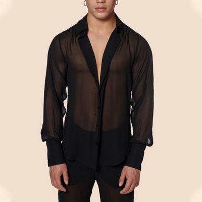 Black Transparent Shirt for Men Mesh See-Through Thin Long Sleeves V-Neck Lapel Shirt Fashion Single-Breasted Shirt Sexy Basic B