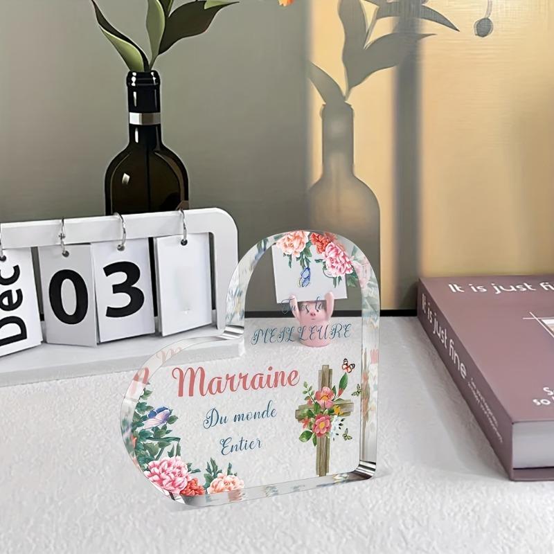 2D Flat "Tu Es La MEILLEURE Marraine Du Monde Entier" Heart-Shaped Acrylic Desk Decor Plaque, Floral & Cross Design, Suitable for wall decoration, por