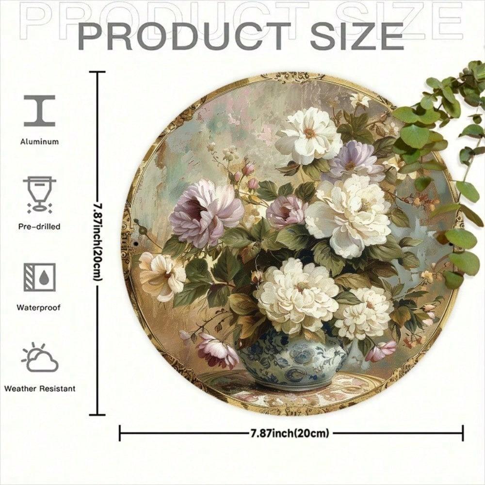 Metal Wall Art Round Floral Bouquet Rustic Home Decor Golden Aluminum Sign 7.87 Inch For Office Kitchen Garden