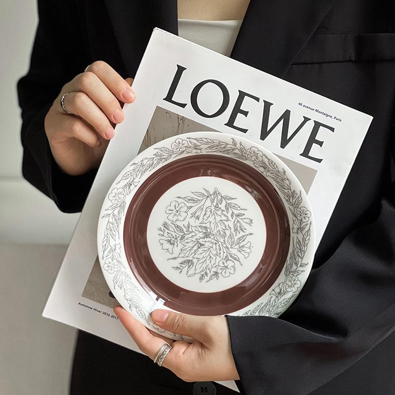 Vintage Style Palm Hibiscus Coffee Cup and Saucer Set Japanese Café Latte Cup High-value Second-hand Ceramic Mug Gift