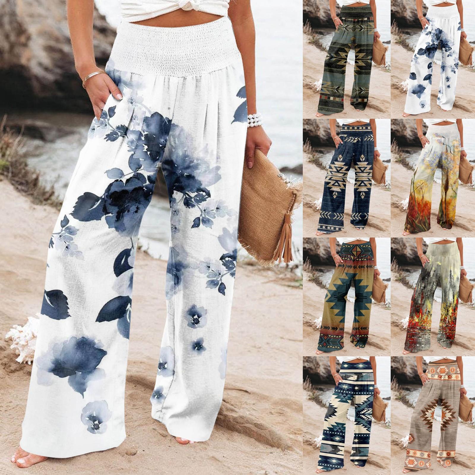 

Брюки с высокой талией для женщин, эластичные широкие брюки-палаццо, повседневные удобные пляжные брюки с принтом, брюки
