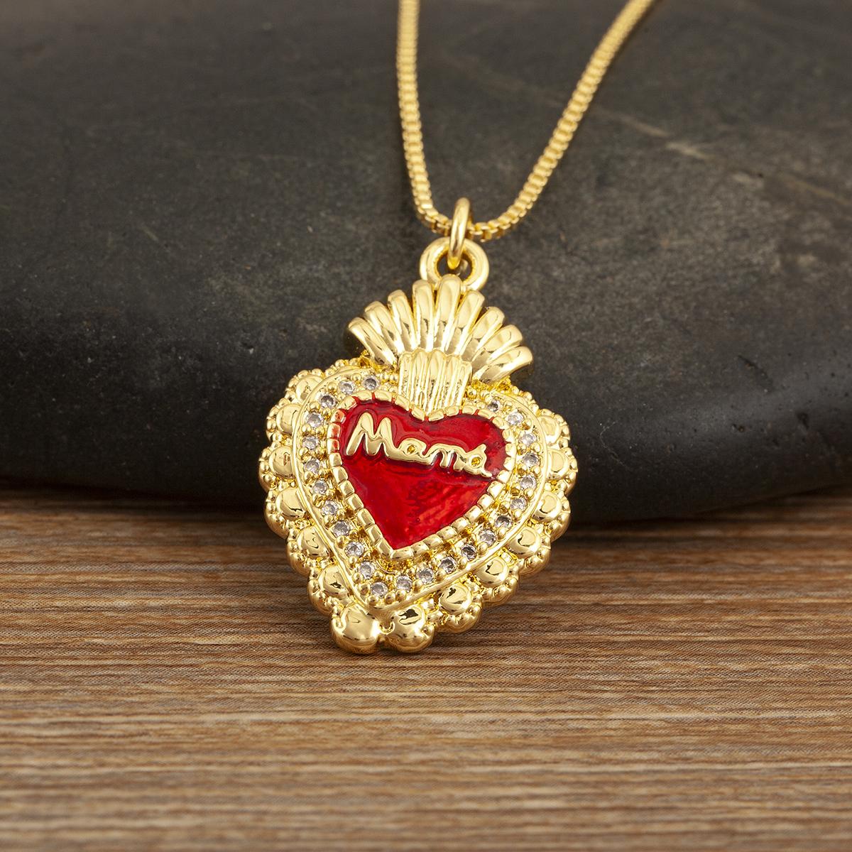 Nidin New Retro Mama Letter Sacred Heart Pendant Necklace For Women Female Inlaid Crystal Zircon Fashion Jewelry Delicate Gifts