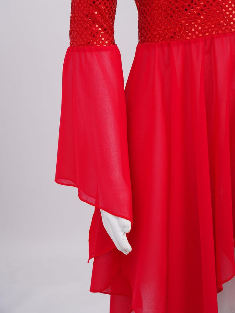 Girls Liturgical Dance Dress Shiny Sequins Patchwork Round Neck Flared Sleeve Asymmetrical Hem Performance Tunic