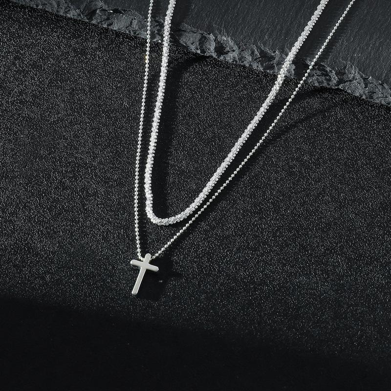 European & American Silver Double Layer Bead Cross Necklace - Minimalist Luxury Jewelry