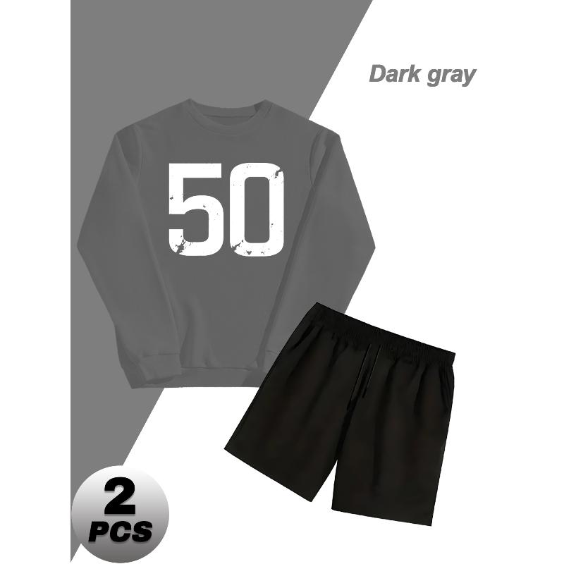 Crew Neck Polyester Sweatshirt 2 Piece Men s Set with Stretch Shorts XXL серый