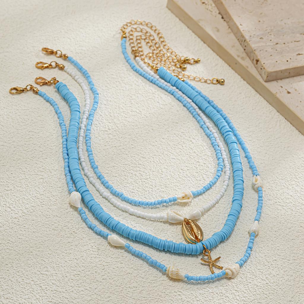 Holiday Wind Soft Pottery Rice Beads Beaded Necklace, Ocean Wind Shell Starfish Pendant Stacked With Multi-Layer Necklaces