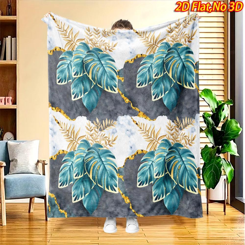 1pc 2D Flat Printing Spring & Summer New Arrival Teal Monstera Leaf with Golden Branches and Leaves Digital Print Blanket, Suitable for All Seasons, C
