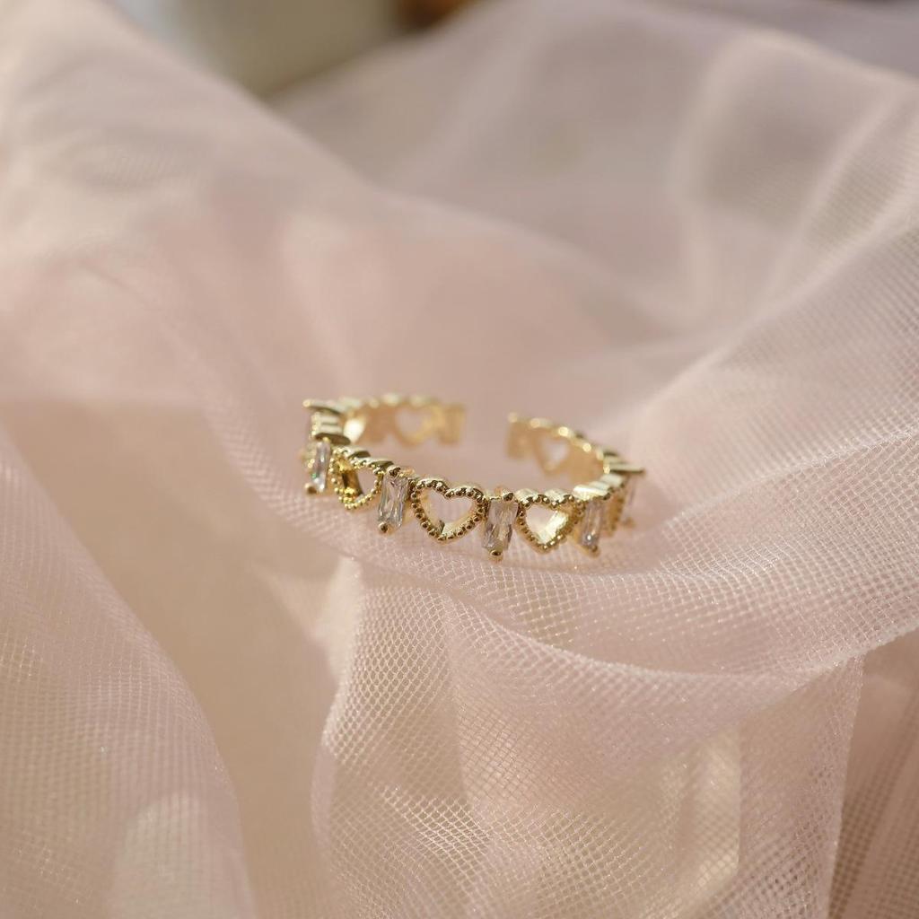 French Retro Design Heart & Square Diamond Open Ring, Gold-Plated s925 Sterling Silver