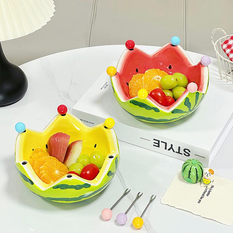 Creative Crown Watermelon Ceramic Fruit Bowl, Cute Salad Dessert Bowl with Fruit Fork for Home Use