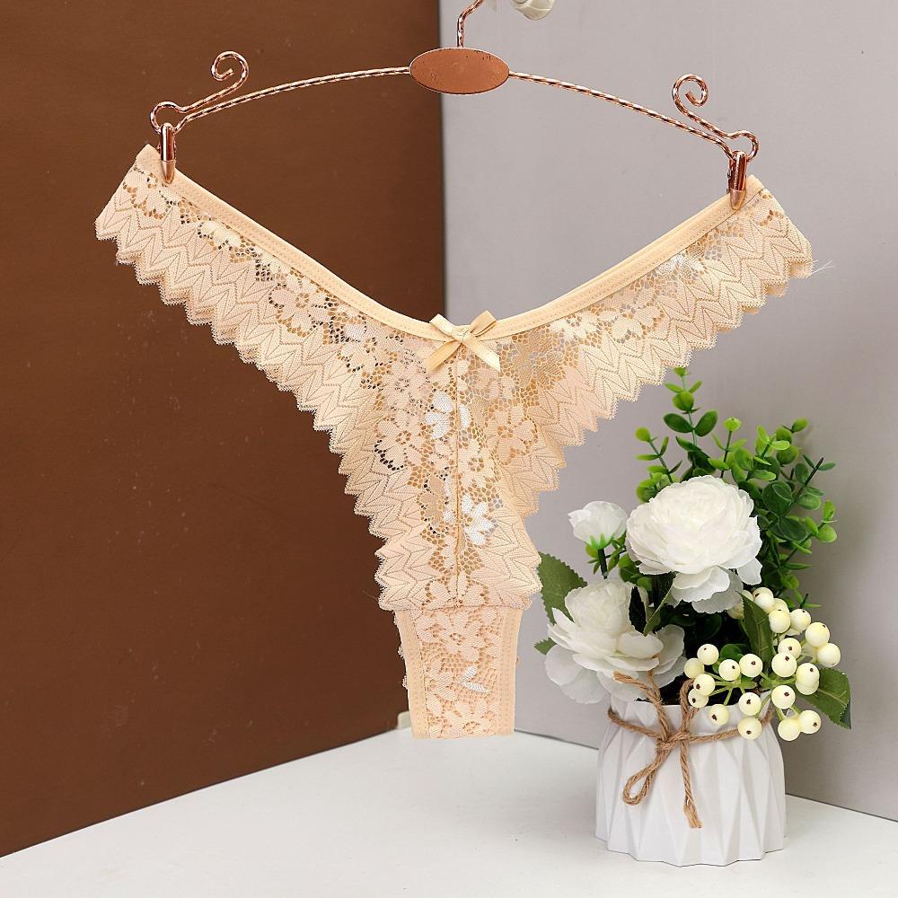 Breathable Bow Flower Lace Seamless Thong Transparent Mid Waist Underwear for Women Hollow Panties Mesh Lace Briefs Girl