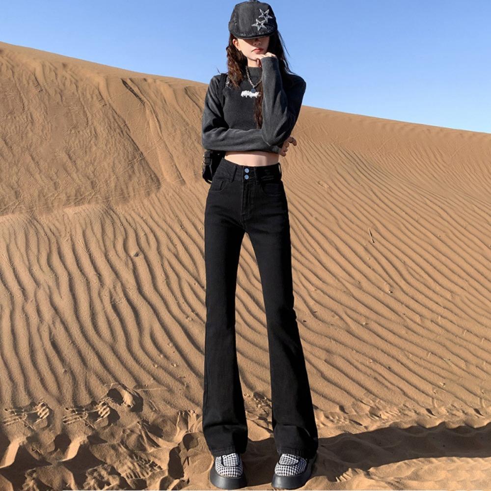 

Микро-пулл джинсы женские весна и осень новые с высокой талией корейские облегающие брюки-подковы маленькие расклешенные брюки инс XL чёрный