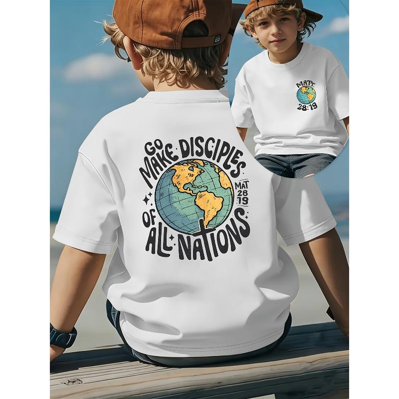 European sizes Boys Short-Sleeve Cotton T-Shirt with Front and Back Print, Go Make Disciples of All Nations Creative Earth Christian Cross Design 110 белый