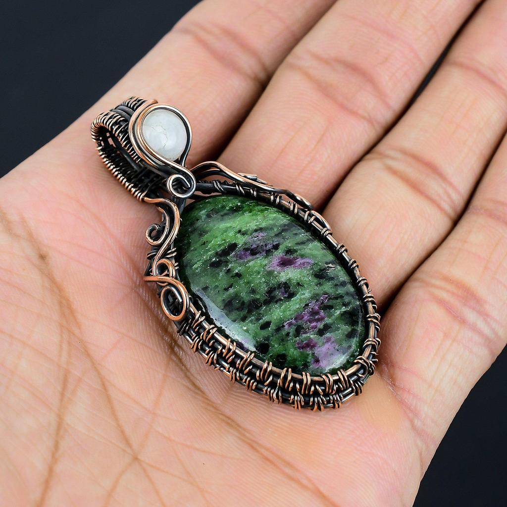 Ruby Zoisite  & Moonstone Gemstone Handmade Pure Copper Wire Wrap Jewelry Pendant For Love