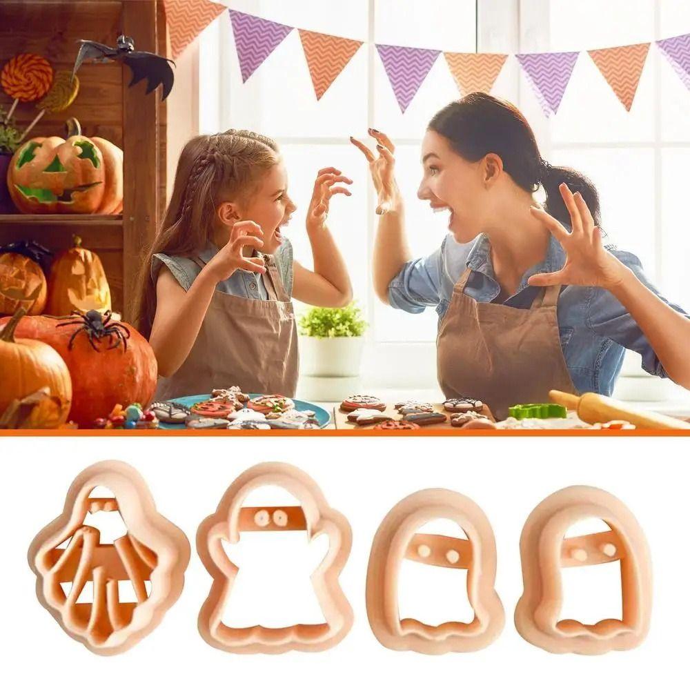 4 Pcs Plastic Ghost Halloween Cookie Mold Press Type Fondant Sugar Craft Mold  Party