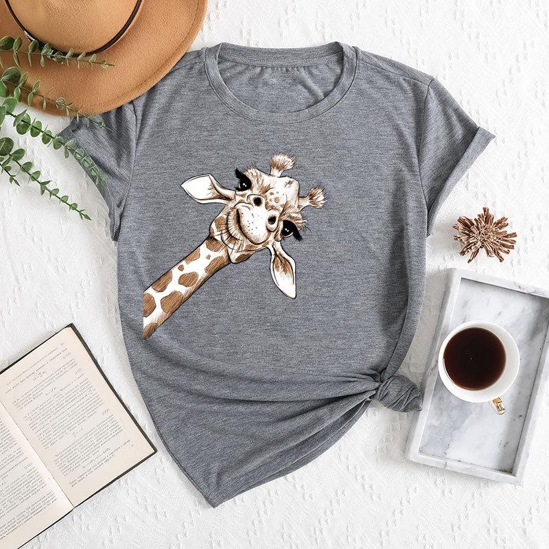 Summer Women's Plus Size Giraffe Print Loose Round Neck Casual Pure Cotton Short Sleeved T-shirts Women's
