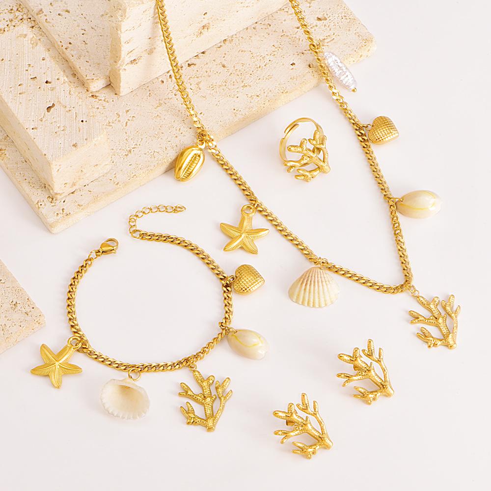 OAHLAN Ocean Series Colorful Scallop Starfish Pearl Sweater Chain 18k Gold Plated Stainless Steel Earrings Bracelet Necklace Set