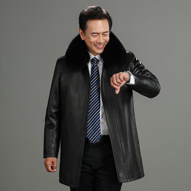 Men's Mid-Length Leather Coat with Fox Fur Collar and Detachable Rabbit Fur Liner – Thick, Warm, Plus Size Jacket for Mid-Aged and Elderly.