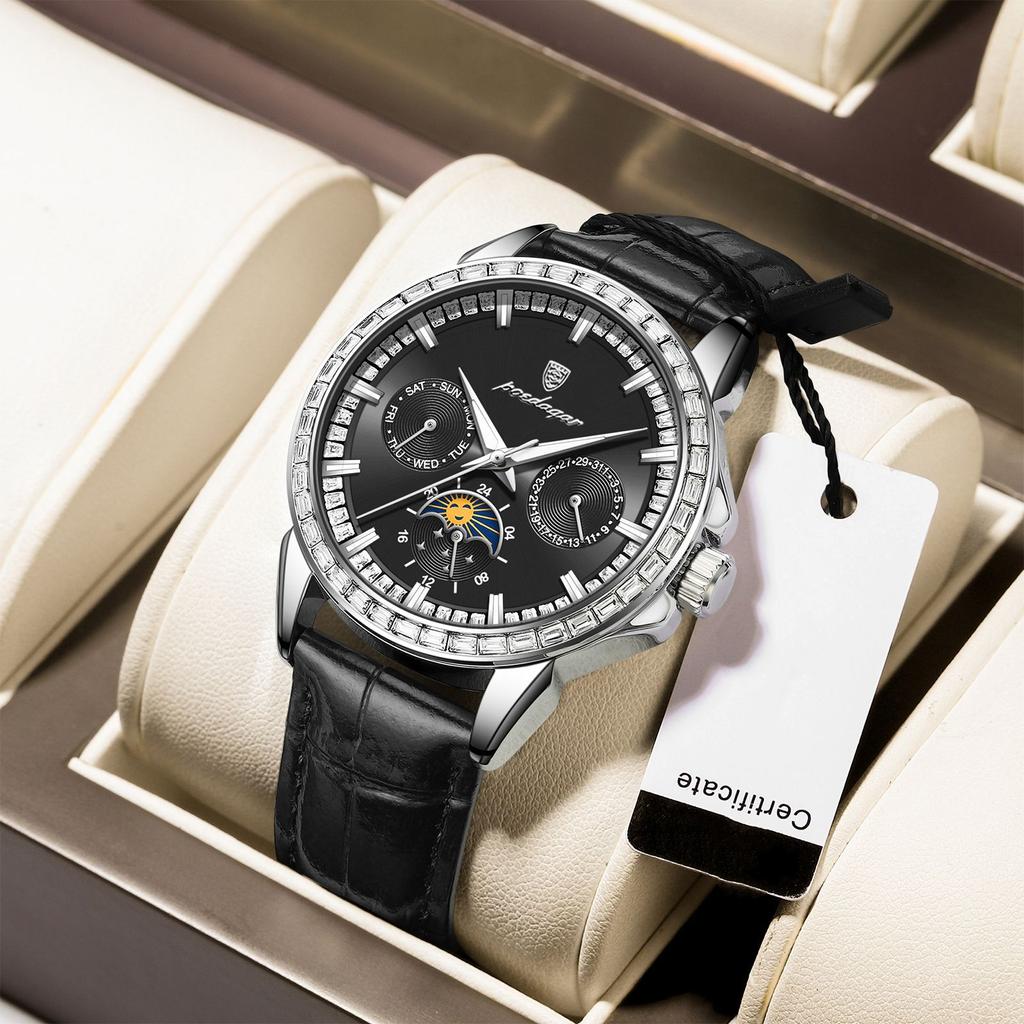 Herren-Quarzuhr mit Diamantenbesatz, Drei-Augen-Sechs-Zeiger-Mondphasen-Zifferblatt, Wasserdichte Herrenuhr mit Leuchtzeigern für Business und Freizeit, Geschenk für die Feiertage