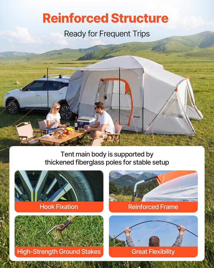 SUV Camping Tent for 5-9 Person, 3.96 x 3.05m 3-Season SUV Tailgate Tent with Ventilated Windows, PU2000mm Waterproof Dual-Use Car Rear Hatch Tents
