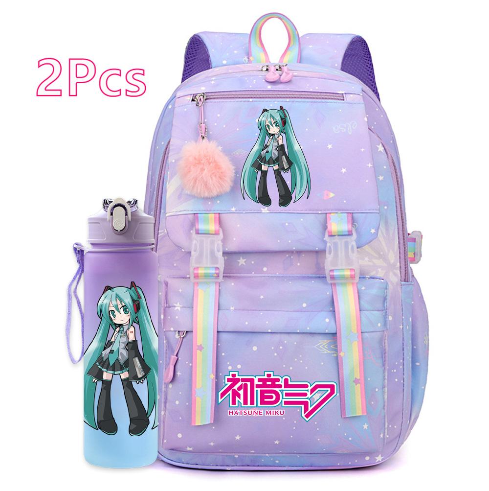2 st/set Söt Hatsune Miku-tryckt Ryggsäck med 750 ml Vattenflaska för Tonårsflicka Pojke Skolväska Stor Kapacitet Vattentät Resväska Gåva